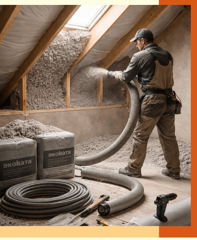 Утепление мансарды эковатой в бору от 2286 руб/м2 — монтаж, задувка, цена | ТепломастерБор
