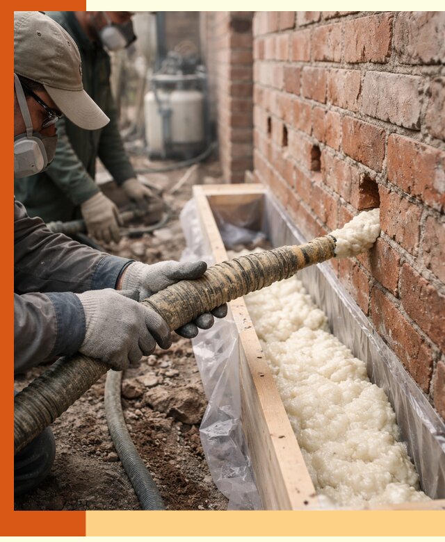 Заливка ППУ в пустоты кирпичной стены в бору