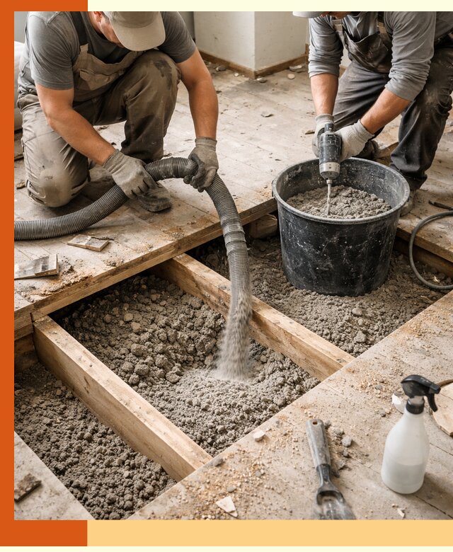 Заполнение пустот пола в бору полиуретаном и пенополистиролом