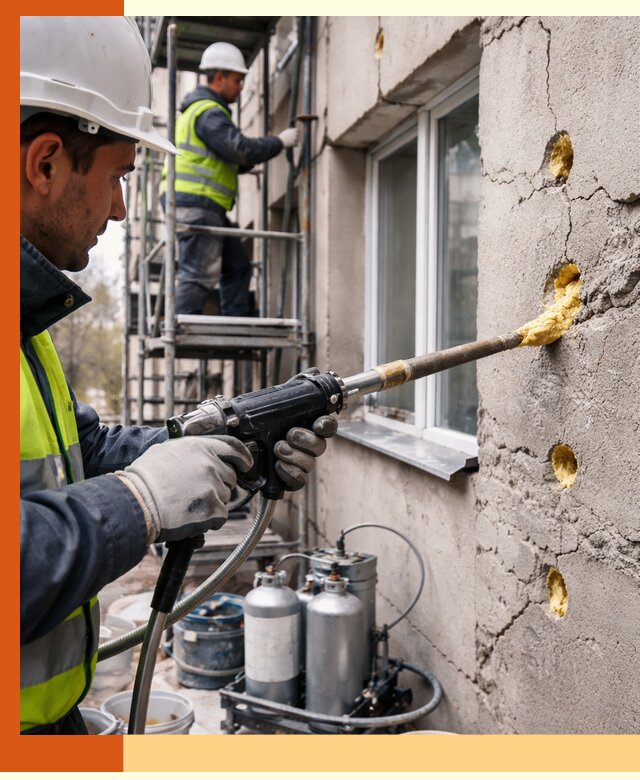 Заполнение пустот в фасаде и утепление стен в бору