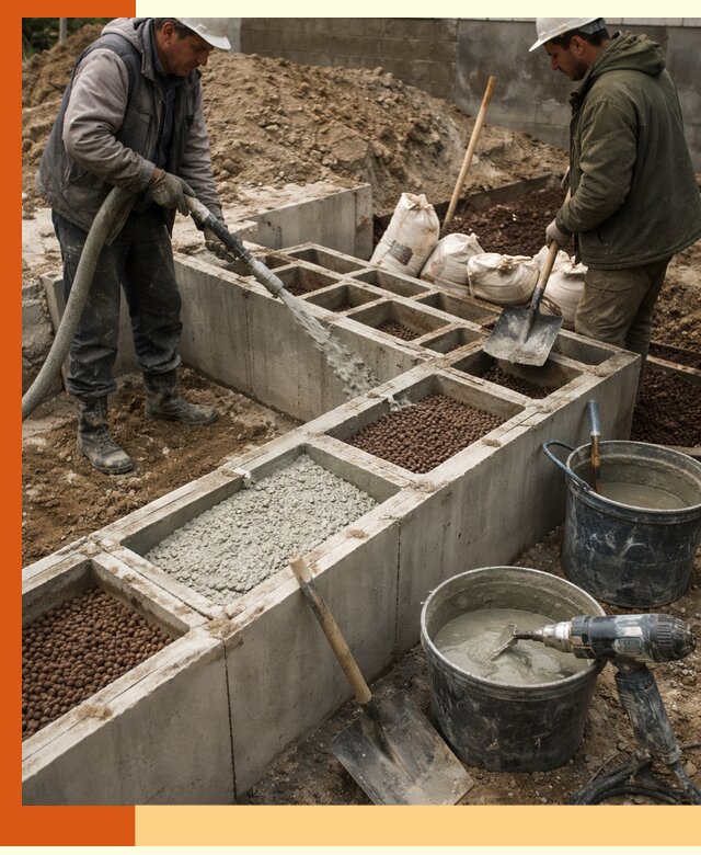 Заполнение полостей фундамента в бору герметичным утеплением и повышением прочности