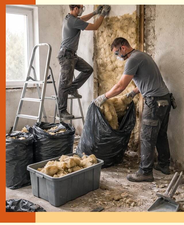 Демонтаж старого утеплителя и вывоз отходов в бору